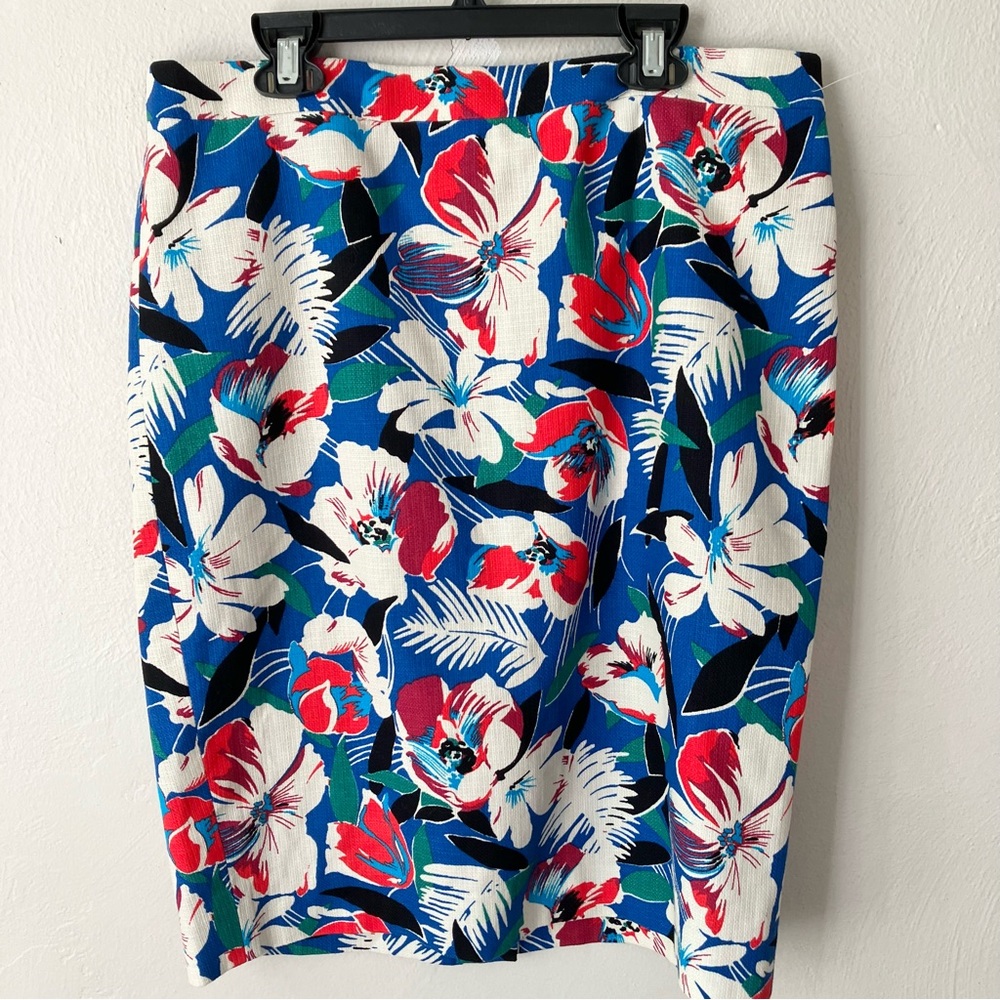 J Crew Blue Tropical Hibiscus Flower Print Pencil Skirt